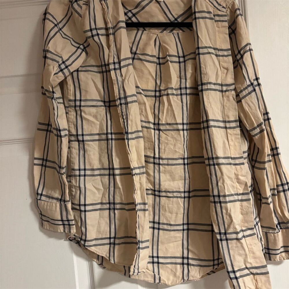 J.Crew Women's Standard XS Beige Plaid Flannel Button-Up Shirt Long Sleeve